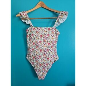 Wallflower Sz L Swim 1 Piece White Pink Floral Swimsuit Ruffled Removable Straps